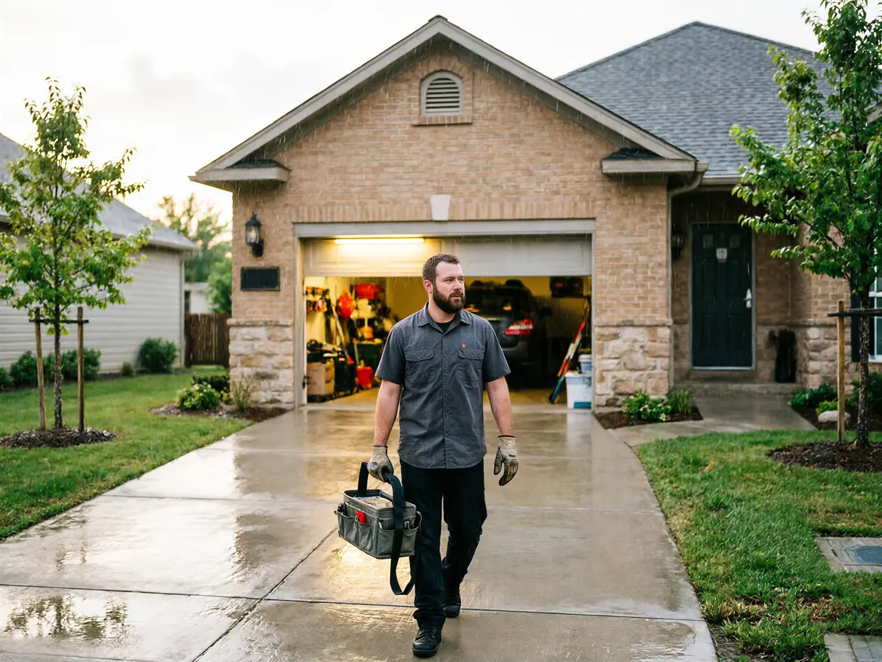 A technician walks away from a house with an open garage door, carrying a toolbox.