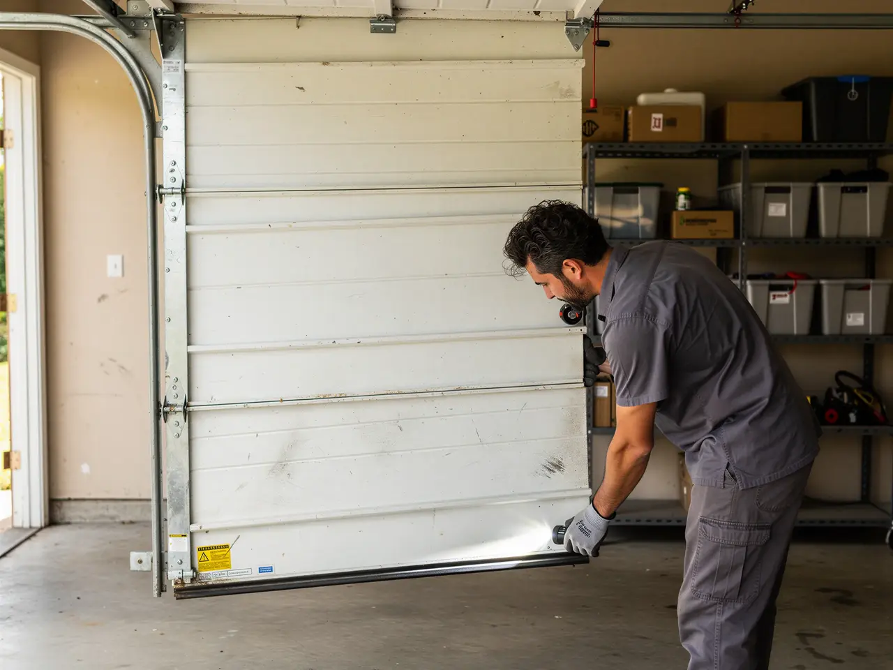 A technician shines a flashlight on the bottom of a white garage door.