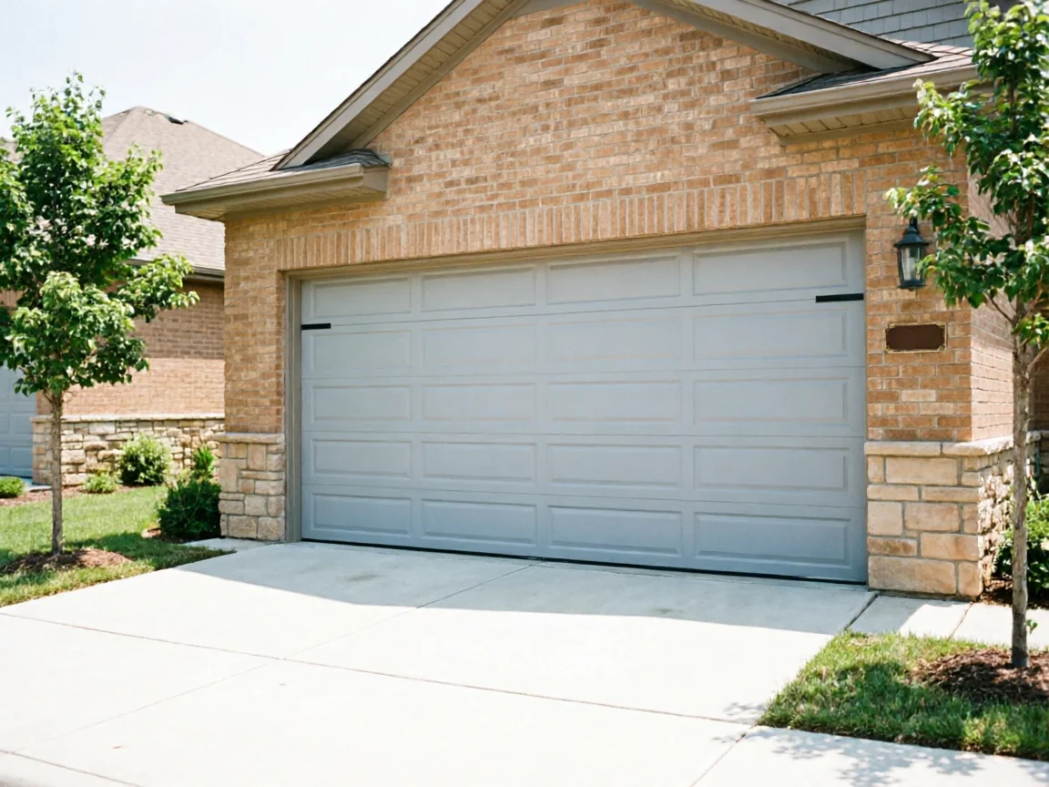 A light gray garage door is on a brick house with stone accents.