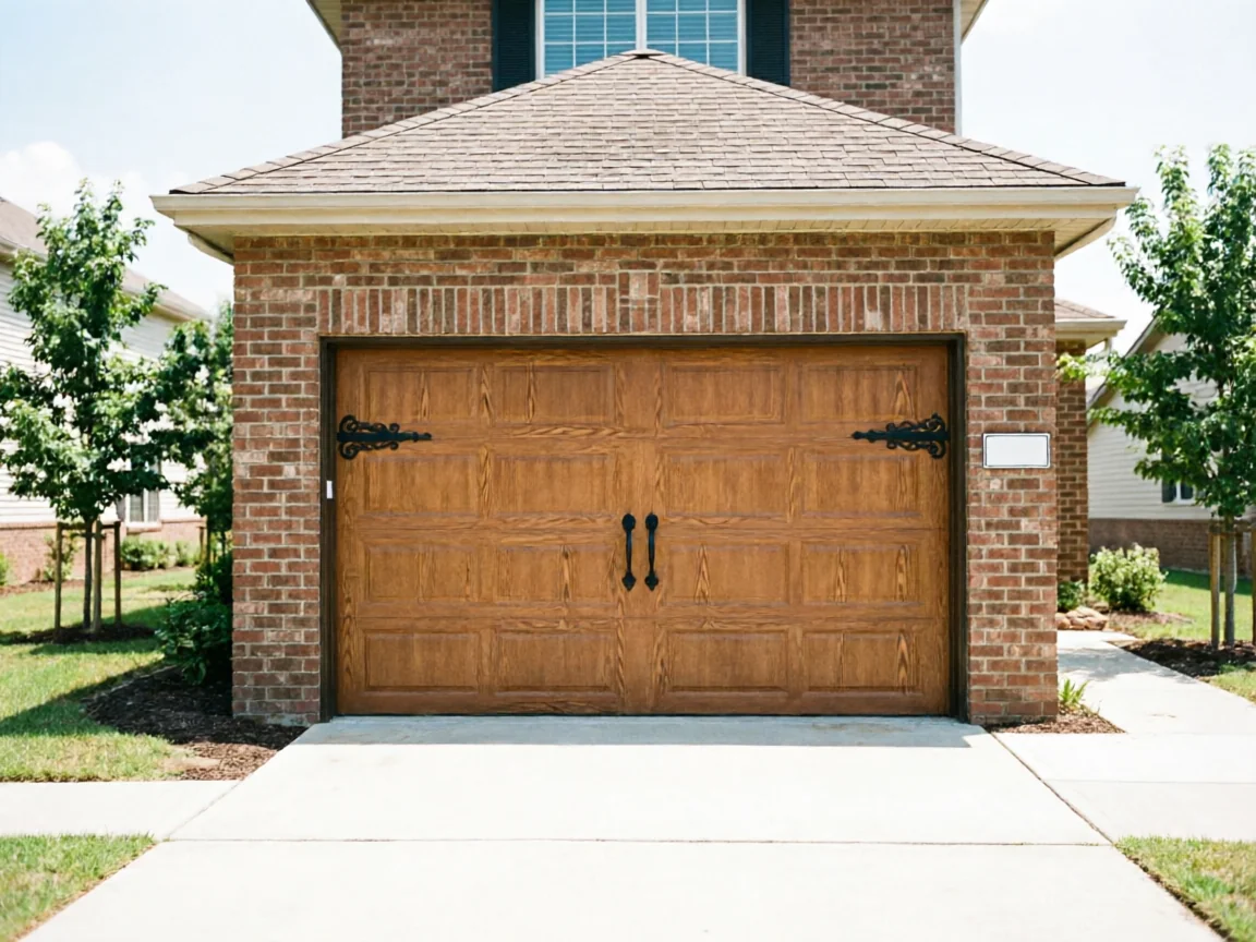 A brown wooden garage door with decorative black hardware is on a brick house.